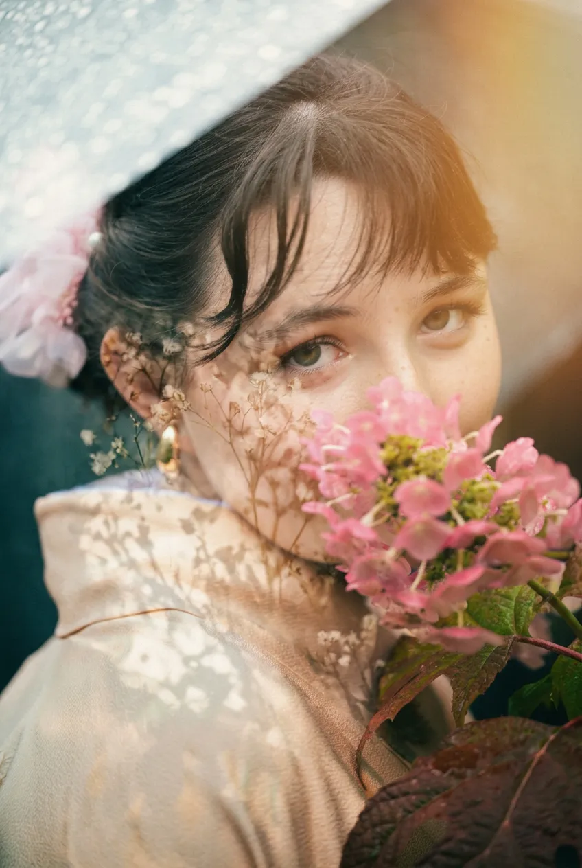 Double-exposure portrait in a kimono, with flowers and baby's breath — 2